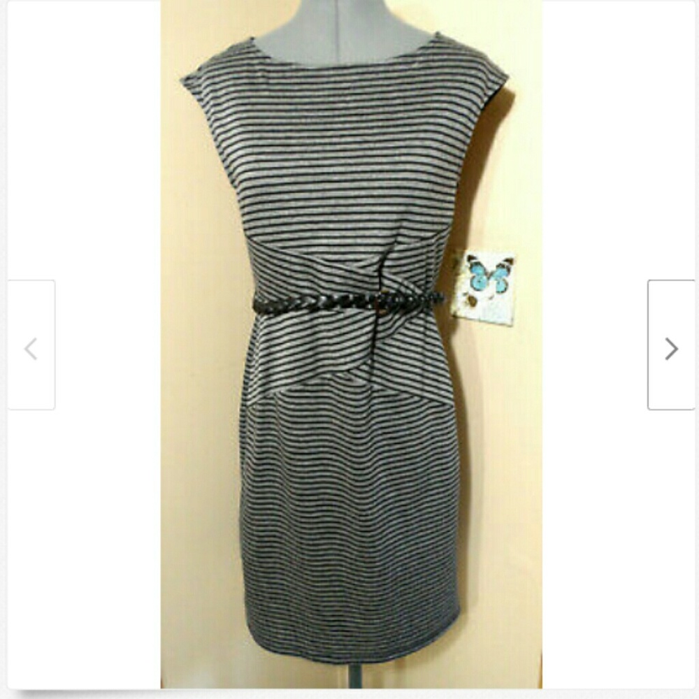 AA STUDIO Retro Knit Dress 6 Black Gray Belted